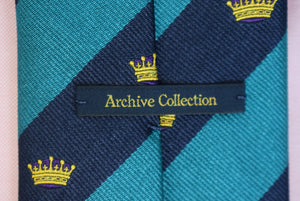 "Drake's Teal/ Navy Stripe w/ Coronet Motif Silk Tie Made In England" (NWT)