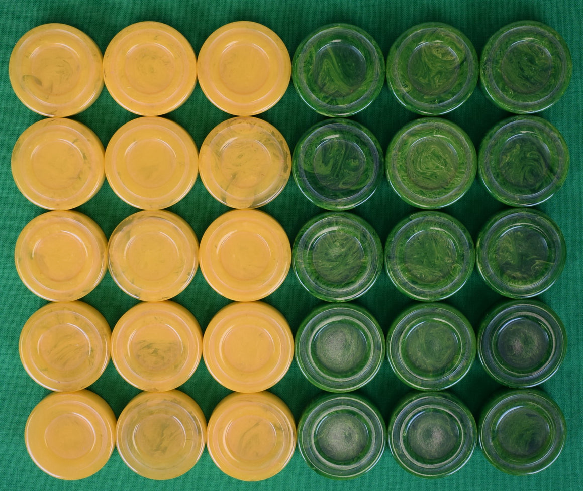 "Box Set x 30 Abercrombie & Fitch Green/Yellow Bakelite Backgammon Checkers" (NIB)