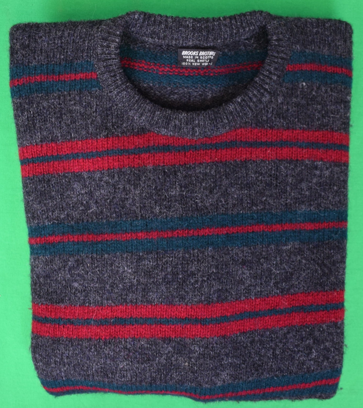 Brooks Brothers Char Grey w/ Burg/ Green Regimental Stripe Shetland Wool Crewneck Sweater Sz L (LNWOT)