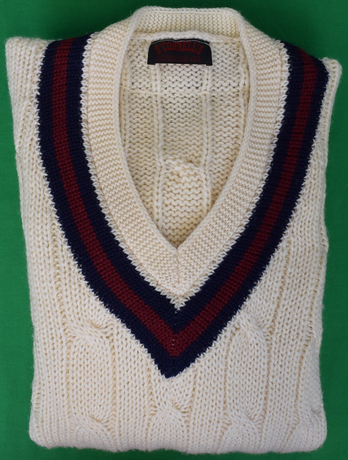 "O'Connell's Wool Cricket Sweater - Cream w/ Navy & Burgundy" Sz 44/ L (NWOT)