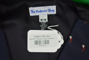 "The Andover Shop Italian Navy Silk w/ Red Golfer Embroidered Vest" Sz M (New w/ Tag)