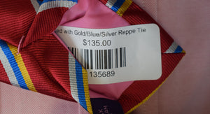 The Andover Shop x Seaward & Stearn Red w/ Gold/ Blue/ Silver Repp Stripe English Silk Tie (NWT)