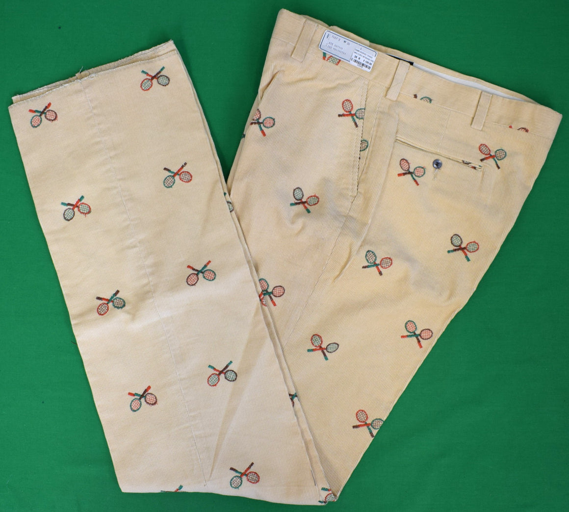 "O'Connell's Vintage Pinwale Corduroy Cream Trousers w/ Embroidered X'd Tennis Racquets" Sz 36 (NOS)