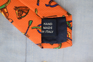 Polo by Ralph Lauren Orange Equestrian Print Silk Tie Made In Italy