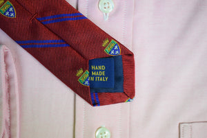 "Polo Ralph Lauren Red w/ Blue Track Stripe Italian Silk Heraldic Crest Tie"