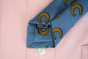 "Drake's London Slate Blue Wool Challis Horseshoe Print Tie" (NWT)