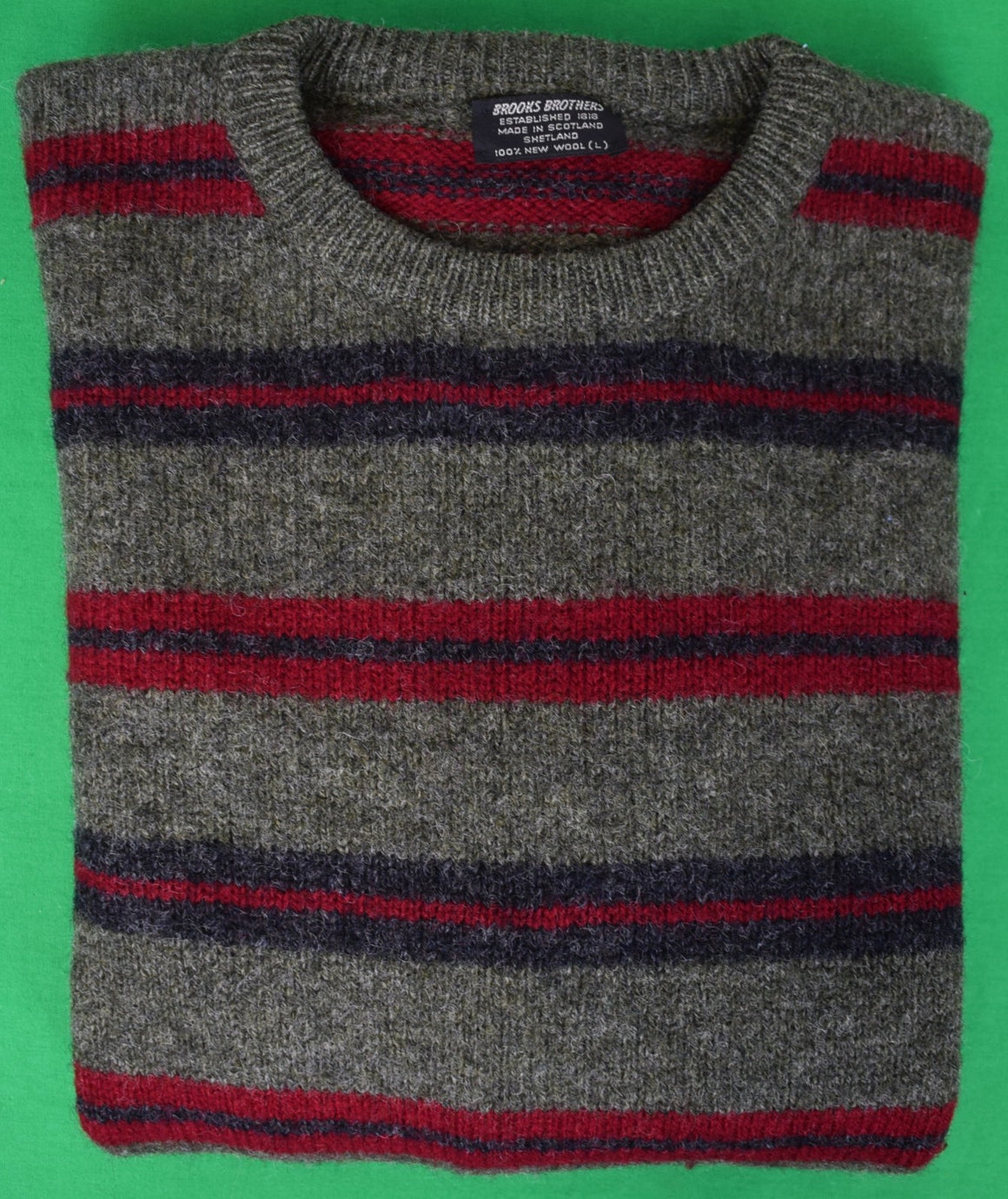 Brooks Brothers Mid Grey w/ Burg/ Navy Regimental Stripe Shetland Wool Crewneck Sweater Sz L (LNWOT