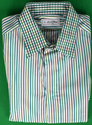 "Ascot Chang Custom Multi-Green Stripe w/ Button Cuff c1995 Dress Shirt" Sz: 16-36