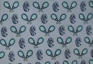 "Piping Rock Club Blue Silk Tie w/ X'd Tennis Racquet Print"