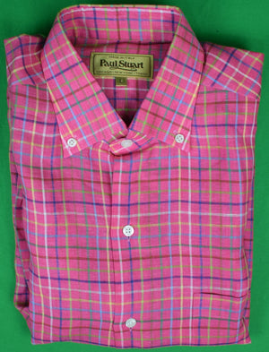 "Paul Stuart Italian Linen Pink Tattersall B/D Sport Shirt" Sz L (New w/ PS Tag)