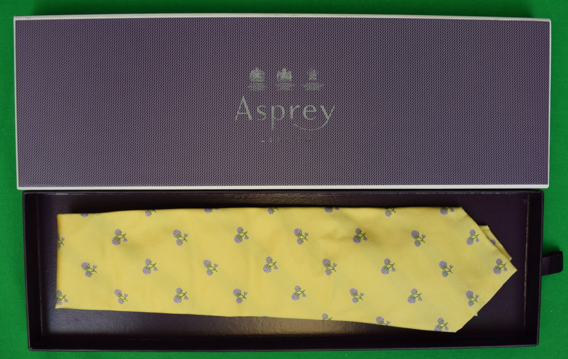 Asprey London Yellow Silk Tie w/ Lavender Floral Print (New w/ Box)