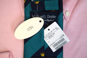 "Drake's Teal/ Navy Stripe w/ Coronet Motif Silk Tie Made In England" (NWT)