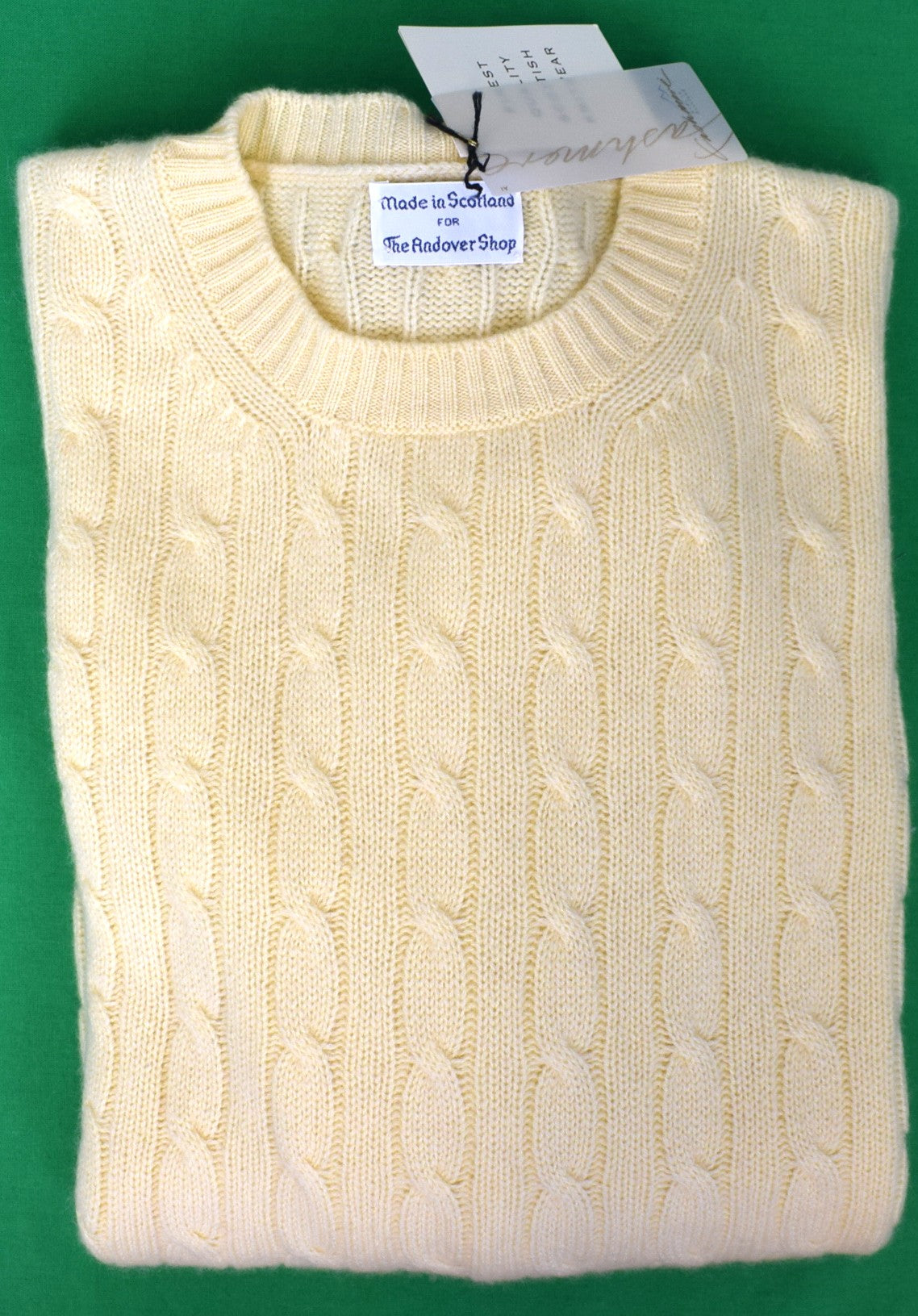 The Andover Shop Cashmere Montreux  Cable Lt Yellow Crew Neck Sweater Made In Scotland Sz L (NWT)