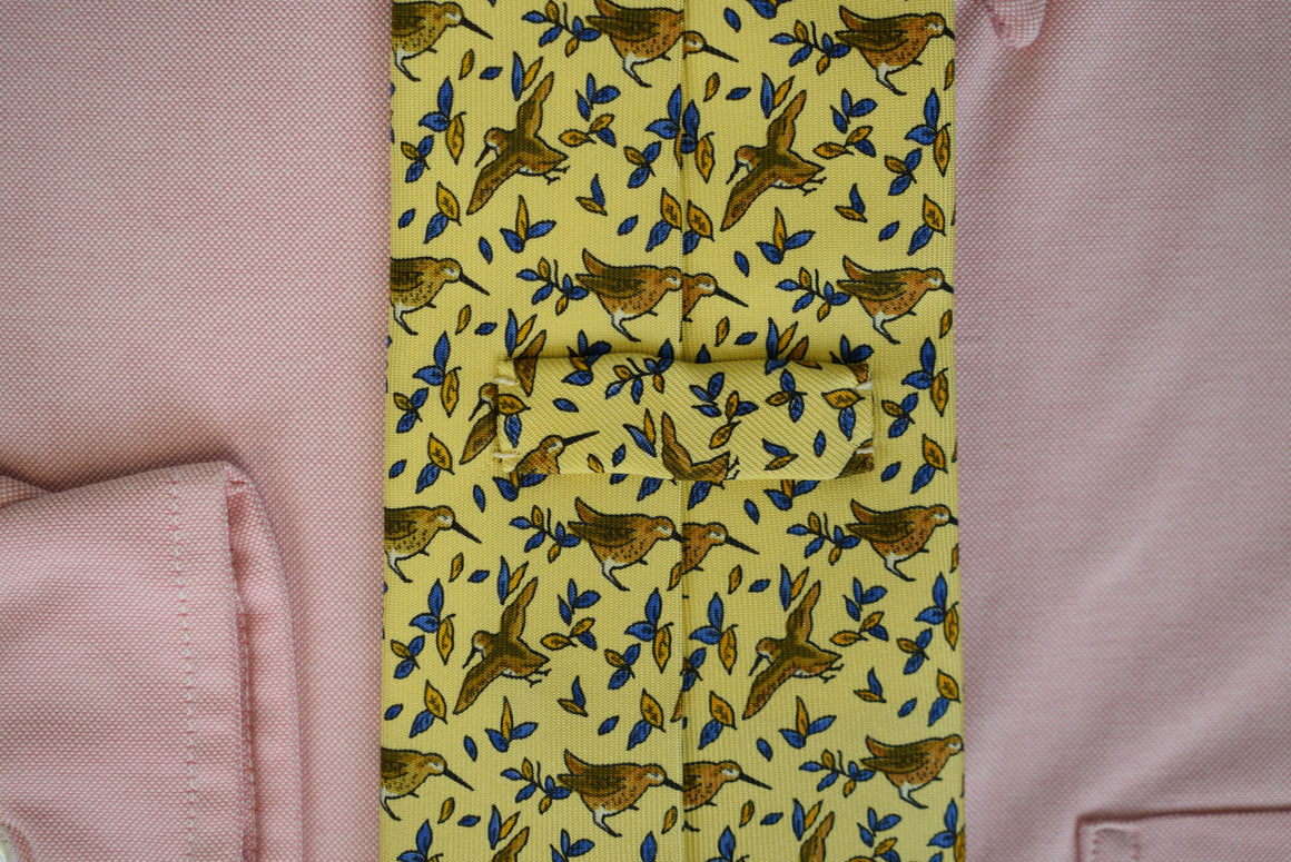 "Holland & Holland x Drake's Yellow English Silk Tie w/ Woodcock Hunt Print"