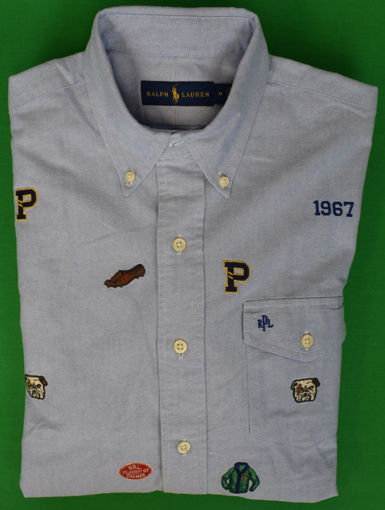 Polo Ralph Lauren Blue OCBD Shirt w/ Patch Embroidered Icons Sz M (NWOT)