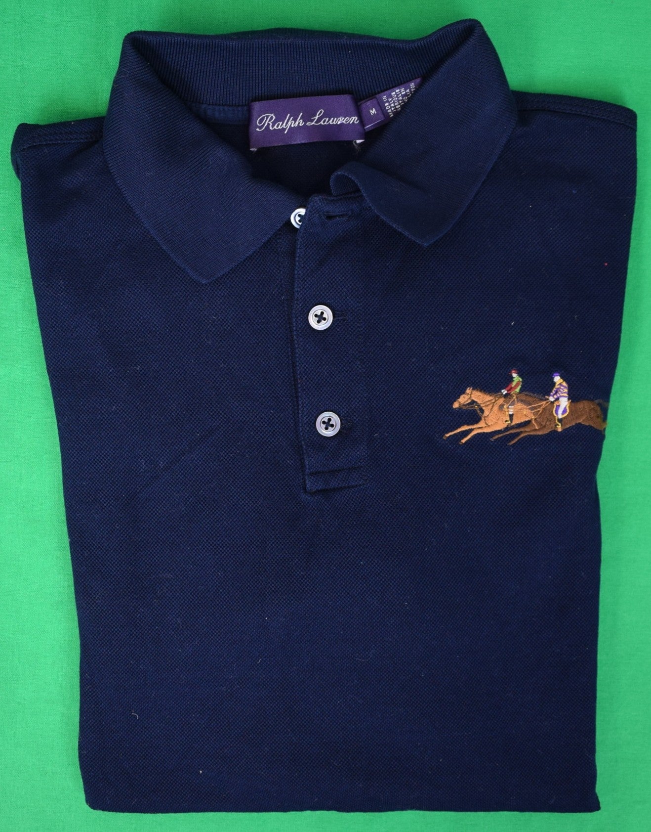 Ralph Lauren Purple Label Navy Pique Polo Shirt w/ Embroidered Jockeys Sz M