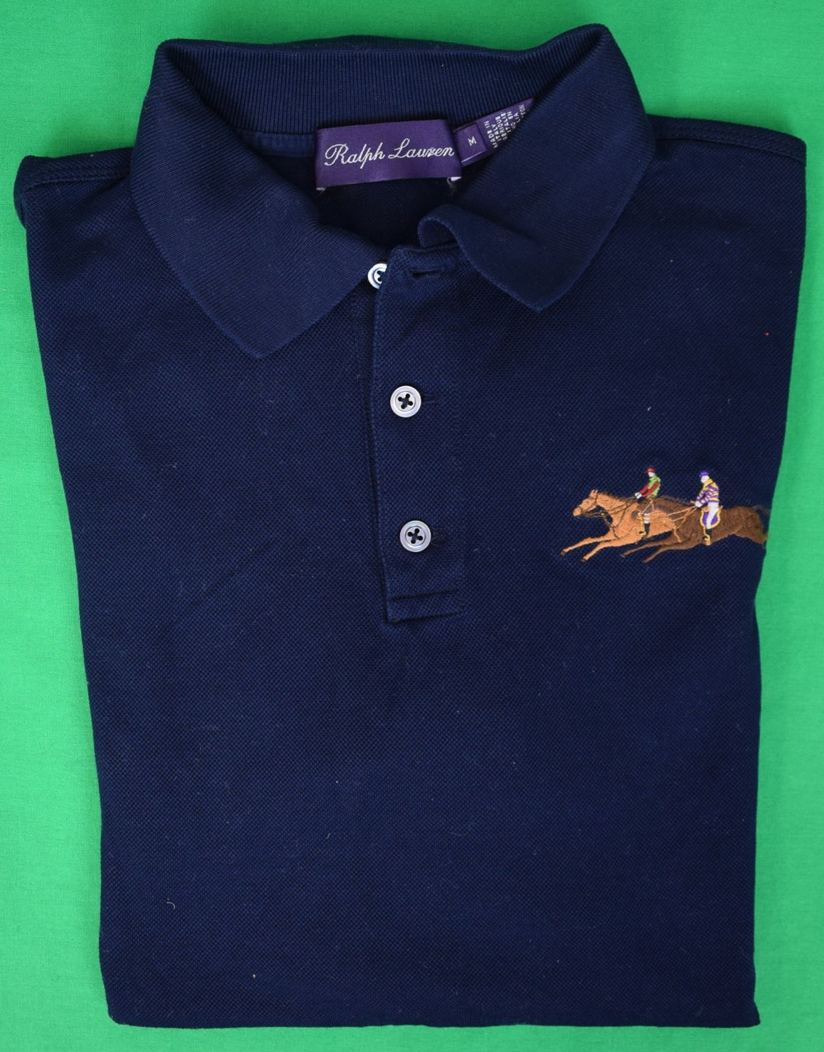 Ralph Lauren Purple Label Navy Pique Polo Shirt w/ Embroidered Jockeys Sz M