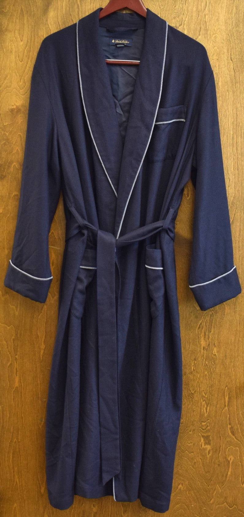 "Brooks Brothers Navy Lambswool Dressing Gown w/ Silver Cord Piping Handmade In England" Sz L (LNWOT)