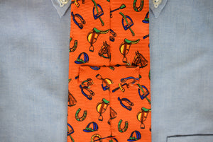 Polo by Ralph Lauren Orange Equestrian Print Silk Tie Made In Italy