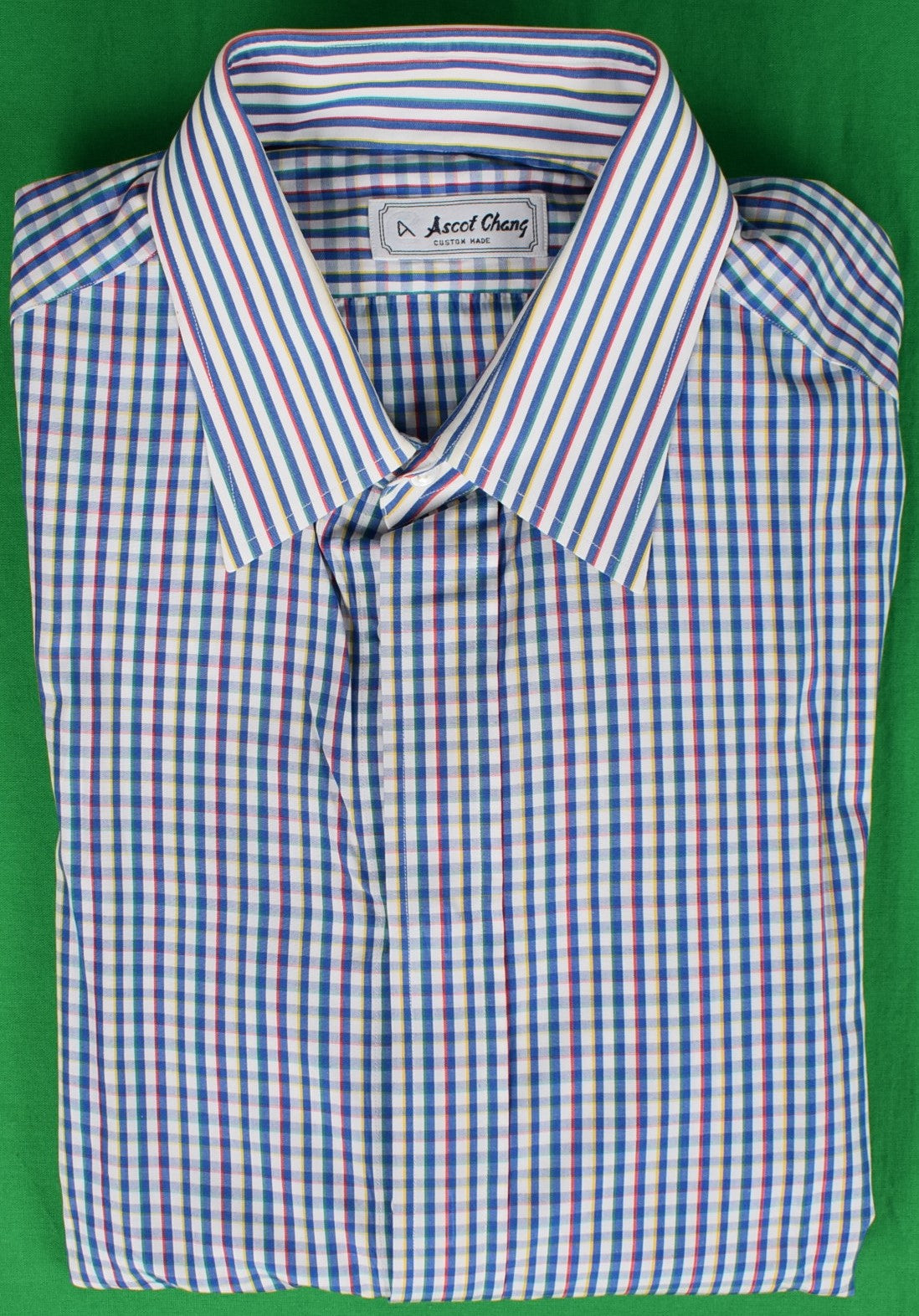"Ascot Chang Custom Multi-Blue Check w/ Button Cuff c1995 Dress Shirt" Sz: 16-36
