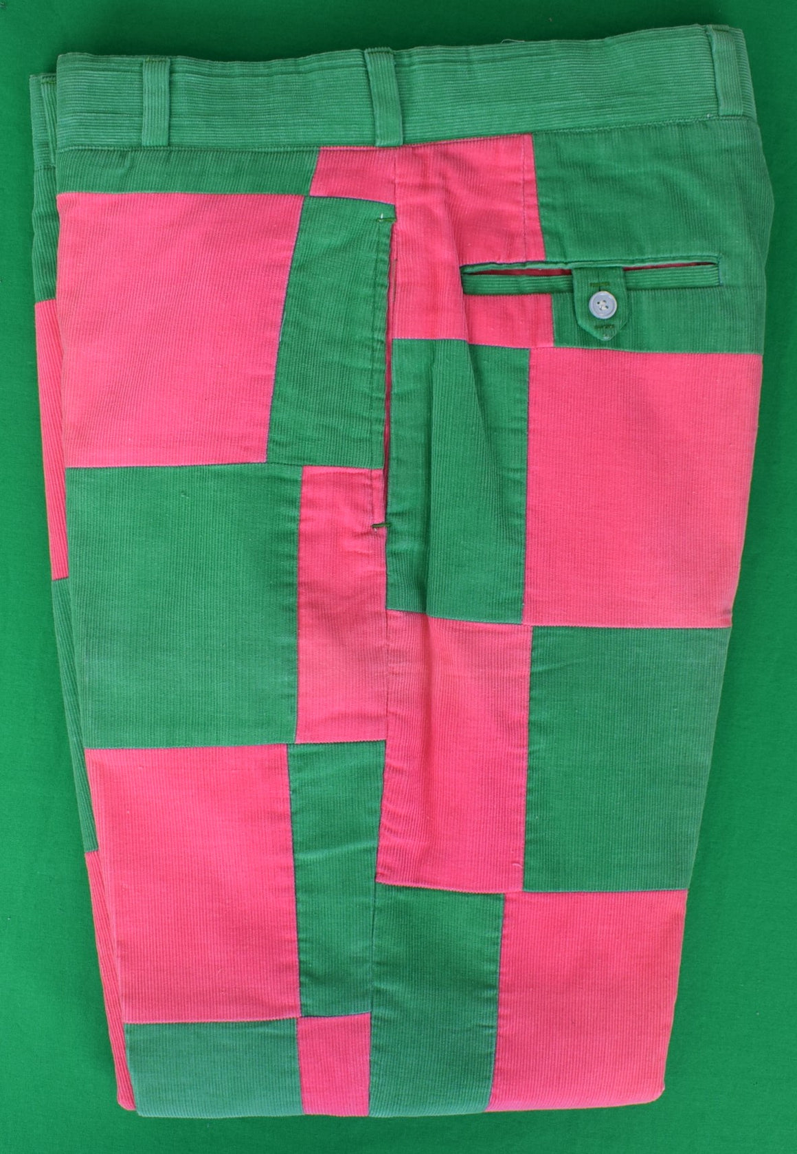 "Chipp Pink & Green Patchwork Pinwale Corduroy Trousers" Sz 36 (SOLD)