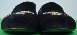 Crockett & Jones Black Velvet/ Pheasant Embroidered Slippers Hand Made In England Sz 11 1/2 (NEW)