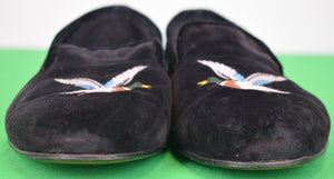 Abercrombie & Fitch Black Velvet Mallard Embroidered Slippers Made In England" Sz 10 1/2D