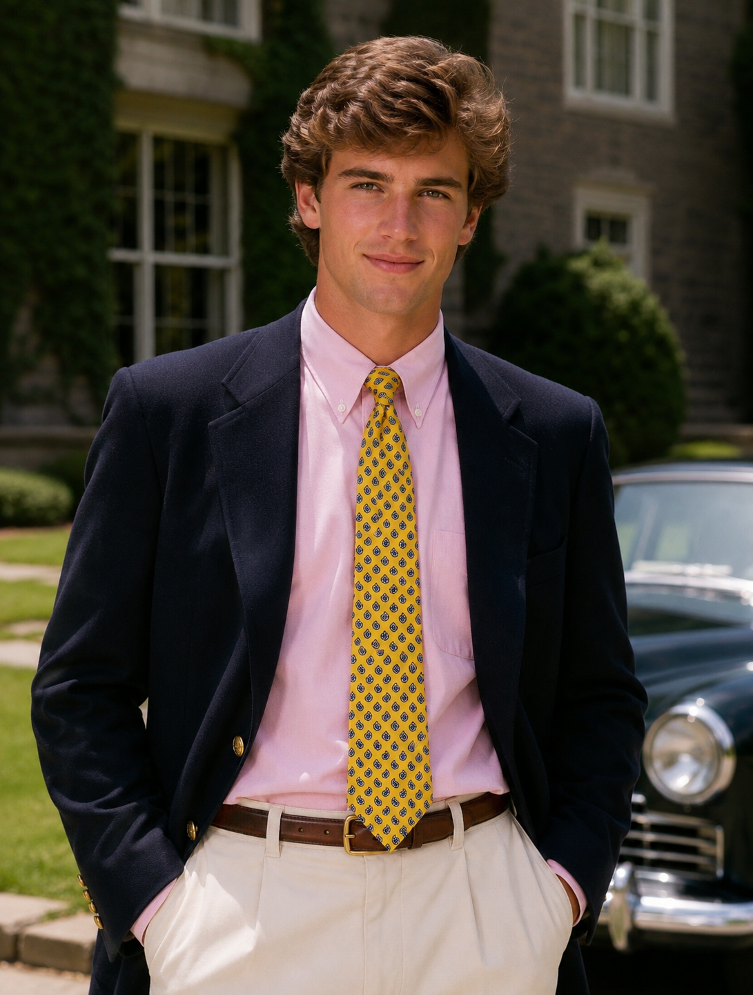 "Polo Ralph Lauren Yellow Italian Silk w/ Blue Foulard Print Club Tie"