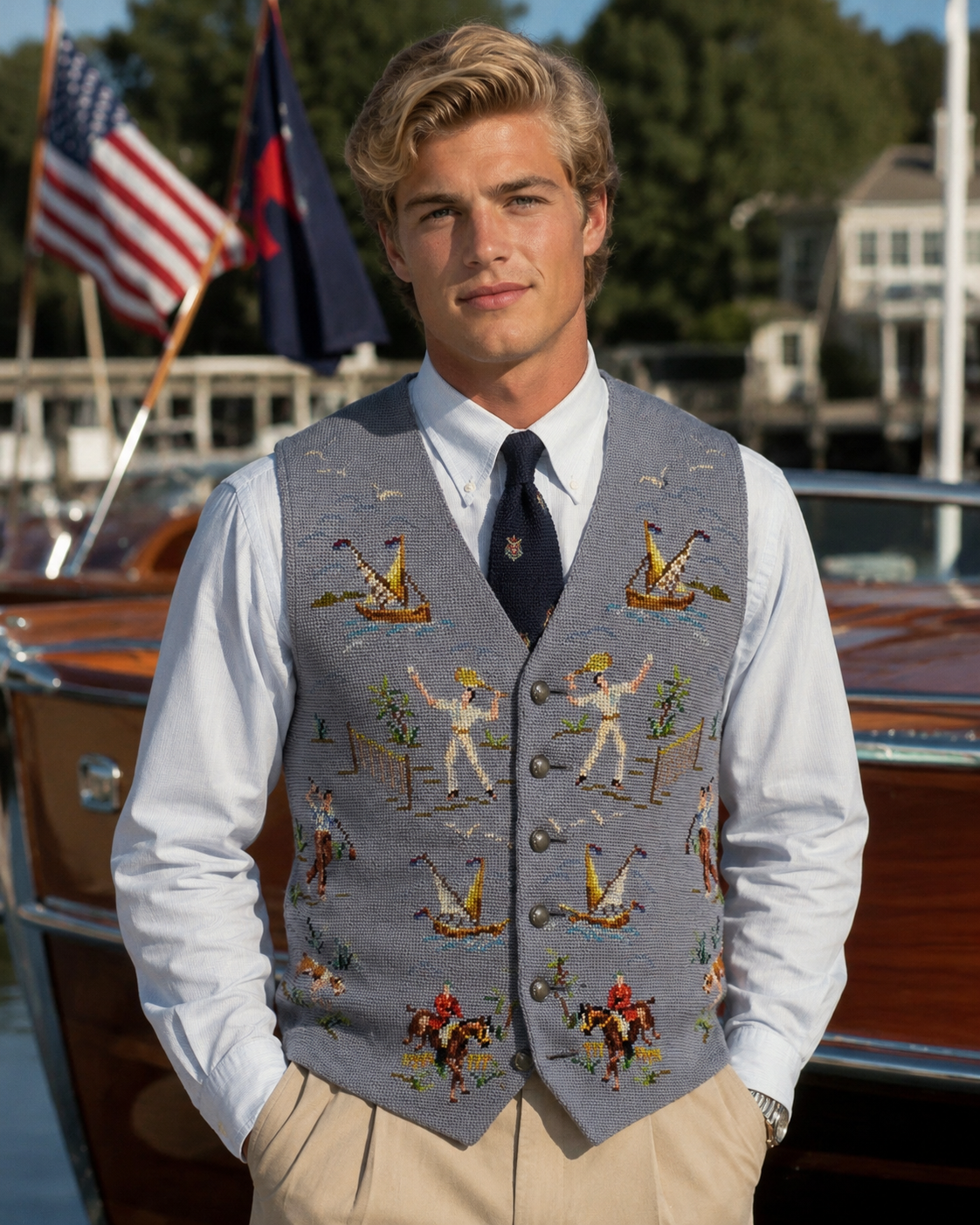 "Hand-Needlepoint c1956 Gentleman's Blue/ Grey Waistcoat w/ Sporting Pursuit Motifs" Sz 38