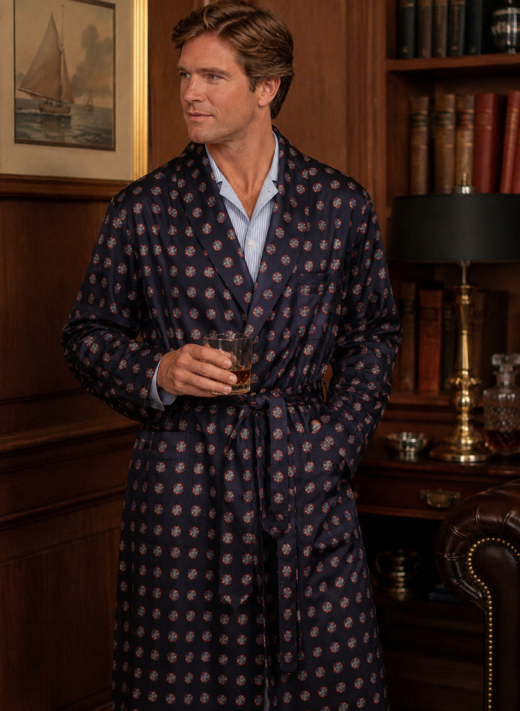 "Brooks Brothers Navy Silk w/ Red & Blue Foulard Print Shawl Collar Dressing Gown" Sz L (LNWOT)