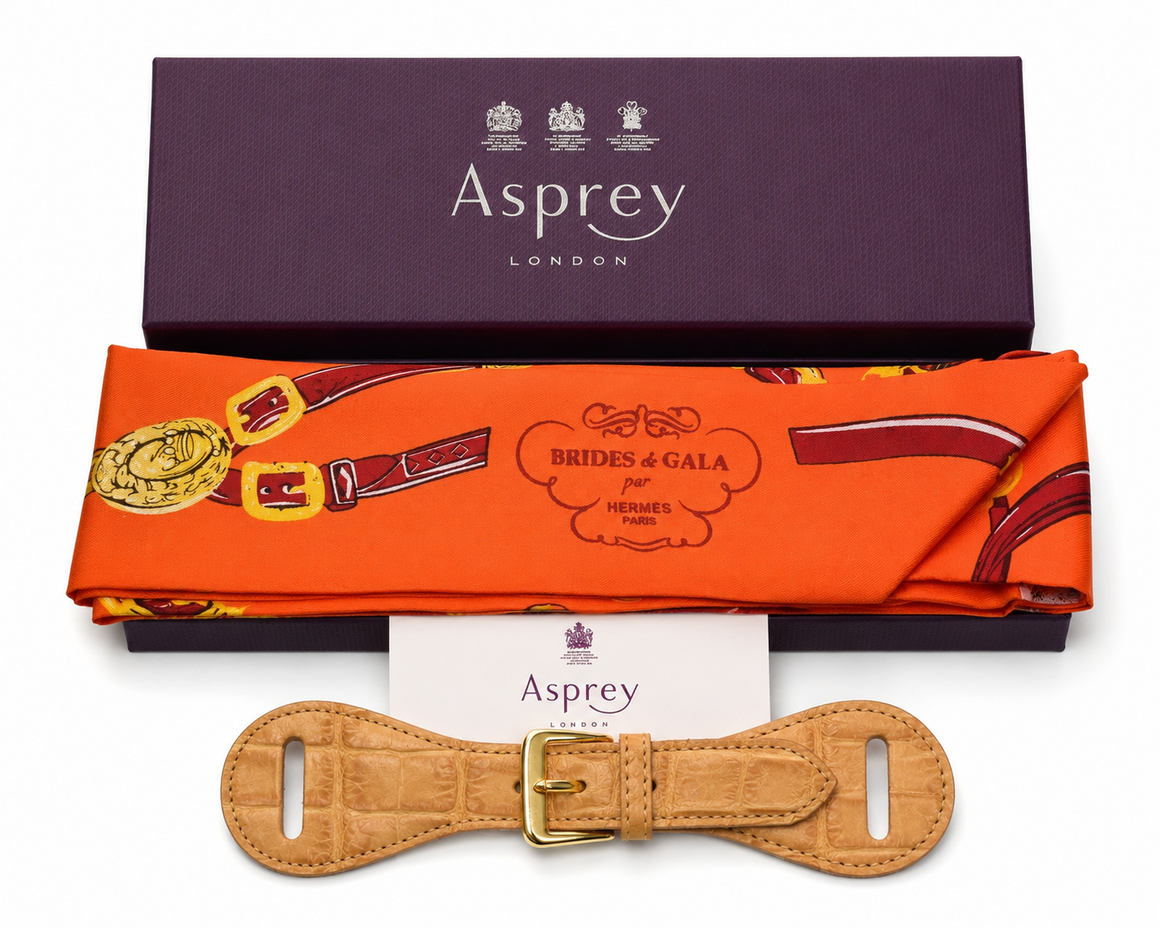 Hermès Paris Brides de Gala Orange Silk Scarf Belt w/ Asprey Tan Alligator Leather Buckle Made In Italy (New w/ Box)