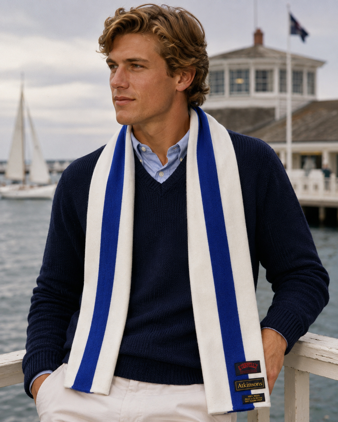 O'Connell's x Atkinsons Yale Blue/ White Stripe Schoolboy Wool Scarf Made In Gt. Britain