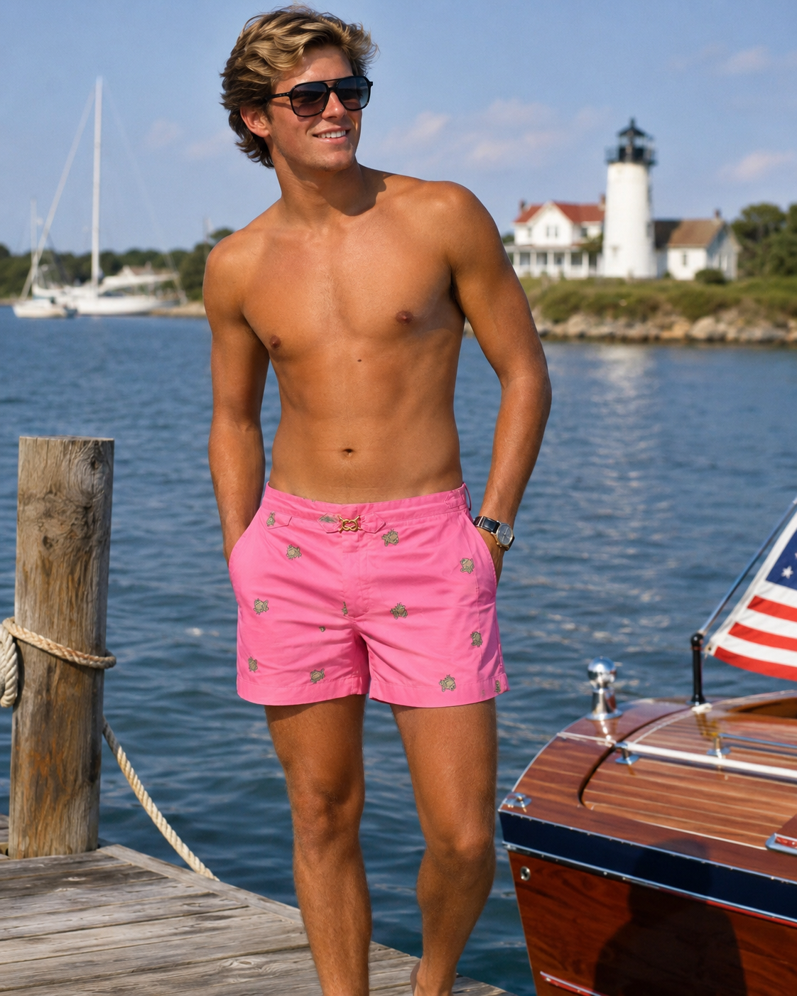 Chipp Hot Pink Chino c1980s Swim Trunks w/ Embroidered Lime Green Frogs Sz 36