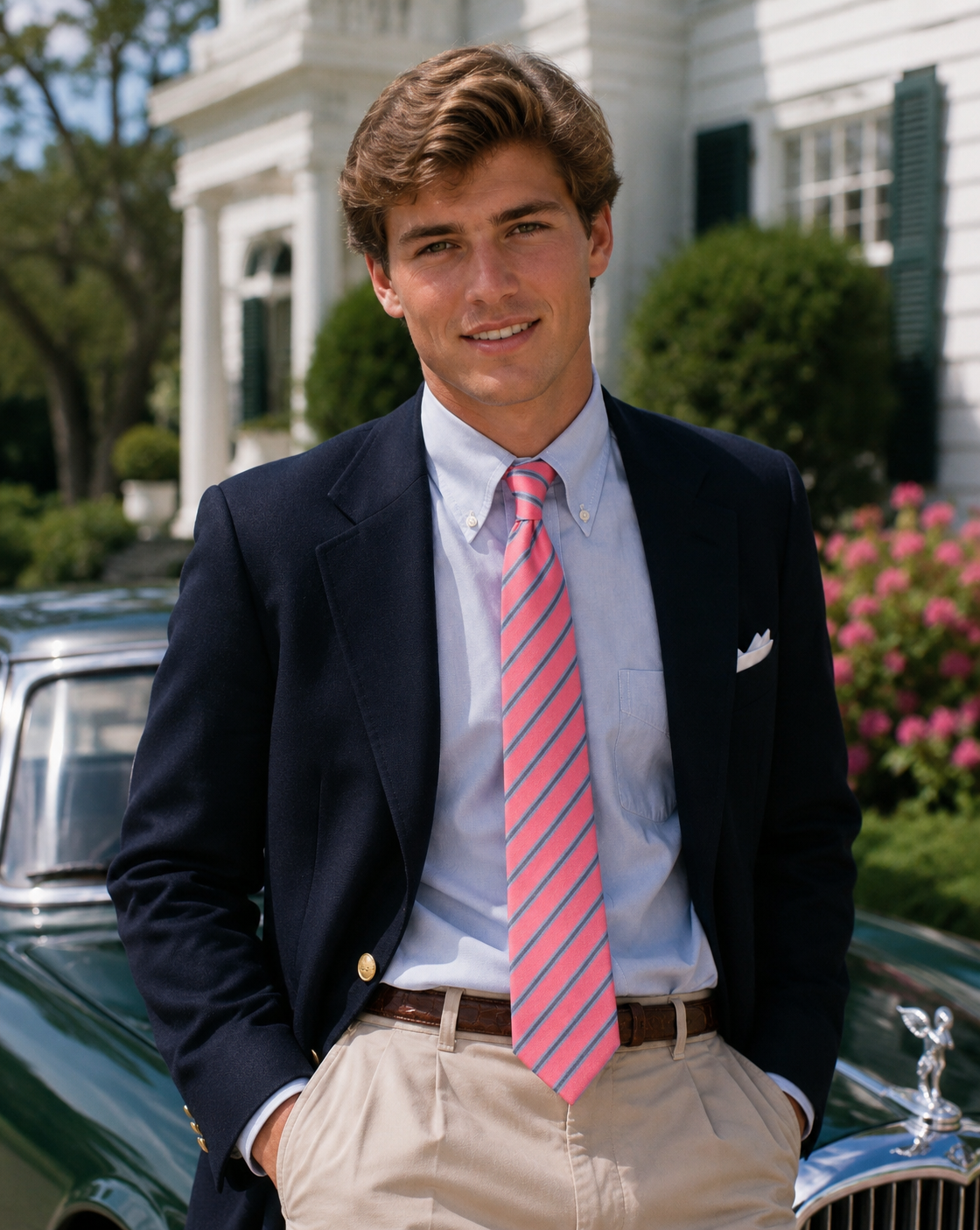 "The Andover Shop x Seaward & Stearn Pink w/ Blue Repp Stripe Silk/ Cotton Club Tie"