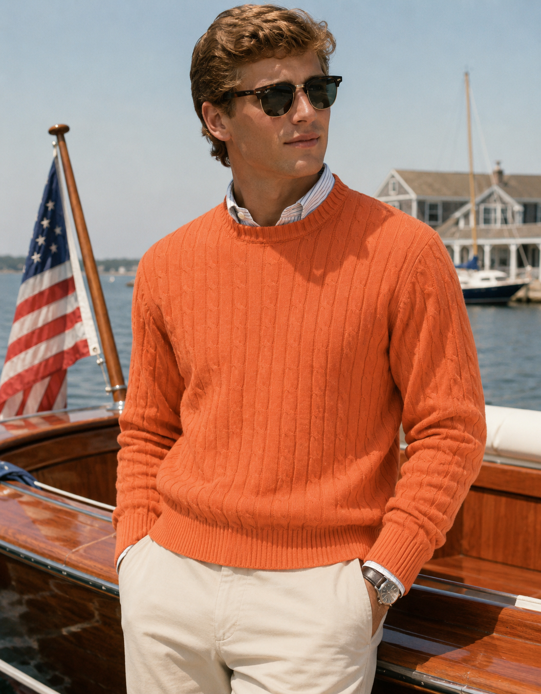 "Alan Paine England Cotton/ Cashmere Orange Cable Crewneck Sweater" Sz: XL (NWT)