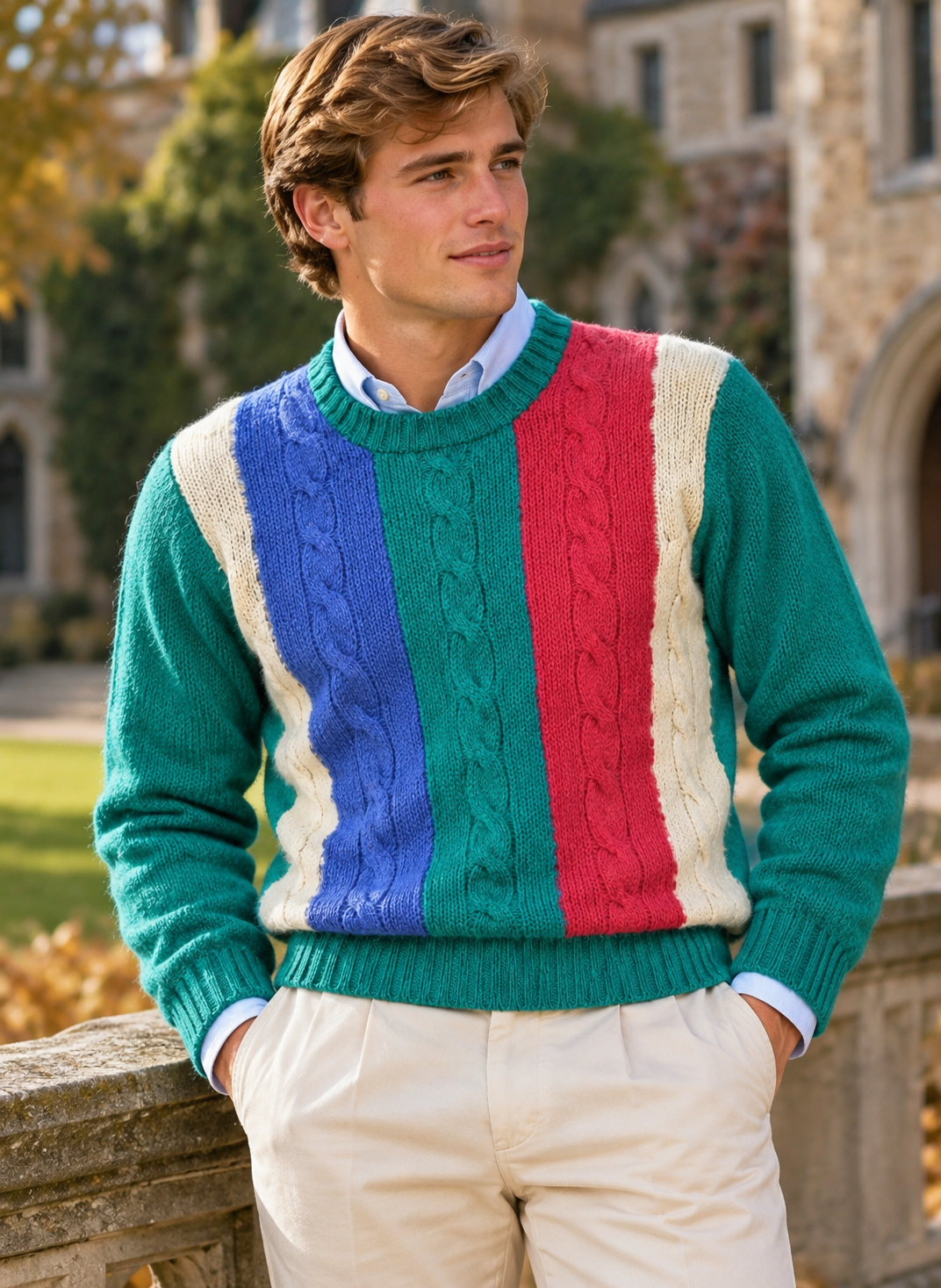 "Deans Of Scotland x Trimingham's Bermuda Cable Crewneck Multi-Panel Women's Sweater" Sz 34