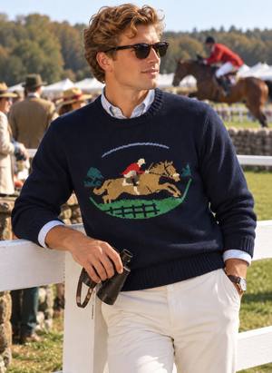 Abercrombie & Fitch Intarsia Navy Crewneck Fox-Hunter Motif Wool Swea