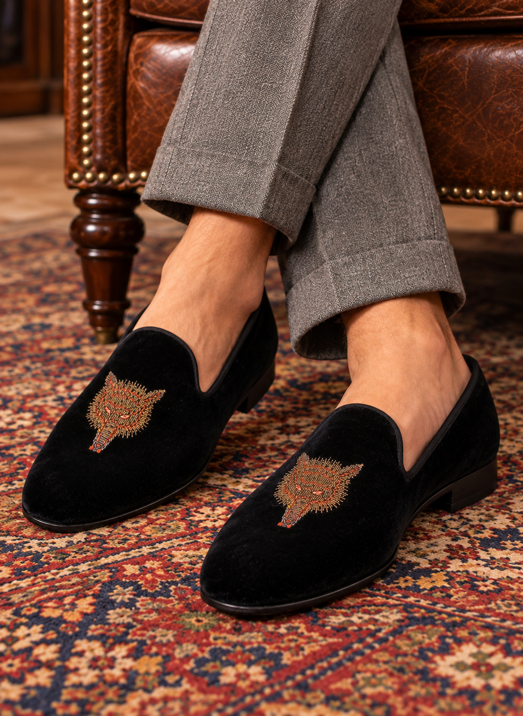"John Lobb London Black Velvet w/ Bullion Fox Mask Prince Albert Slippers"