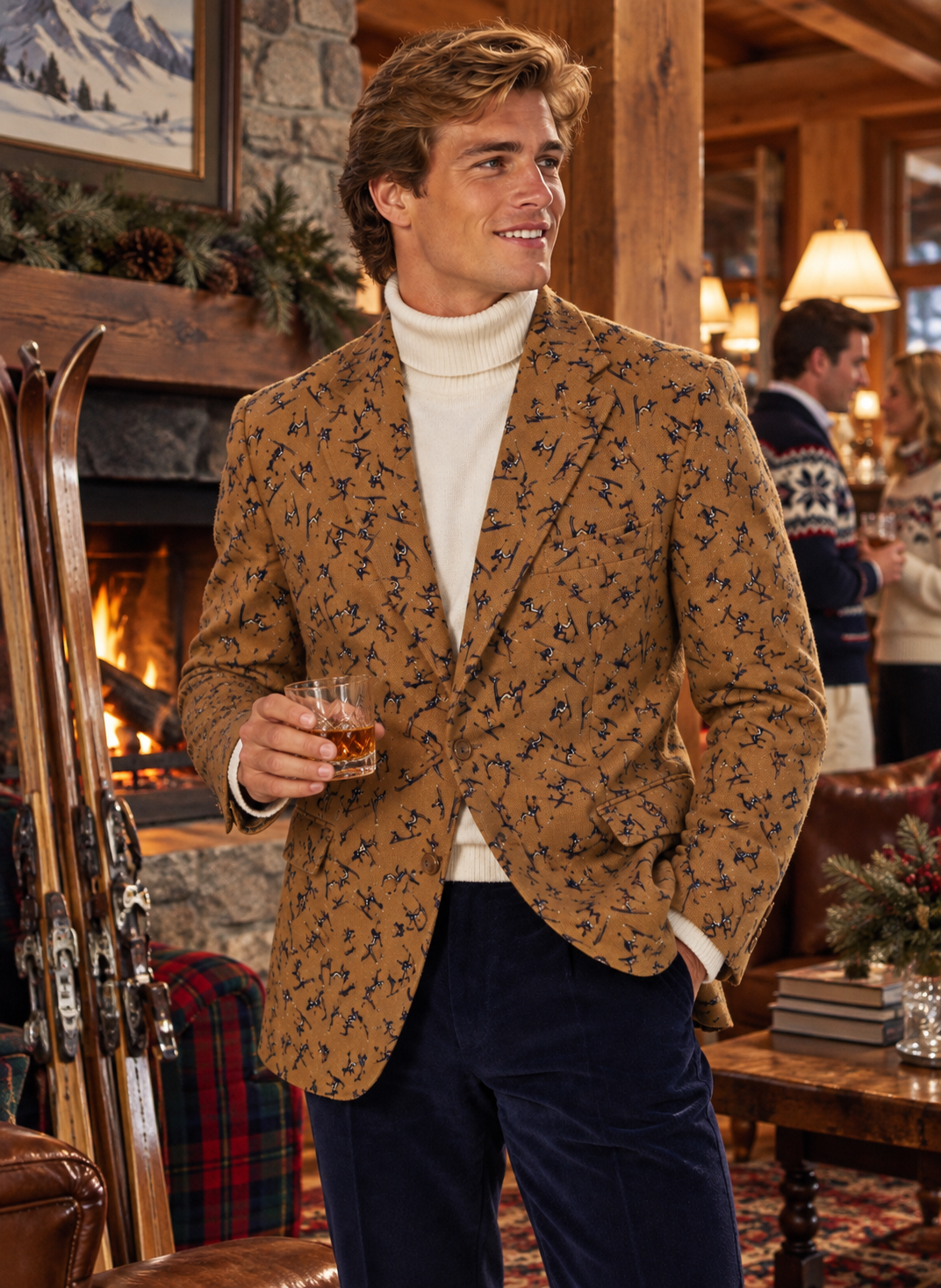 "Chipp Mocha Challis w/ Navy Skier Print Sport Coat" Sz 46R
