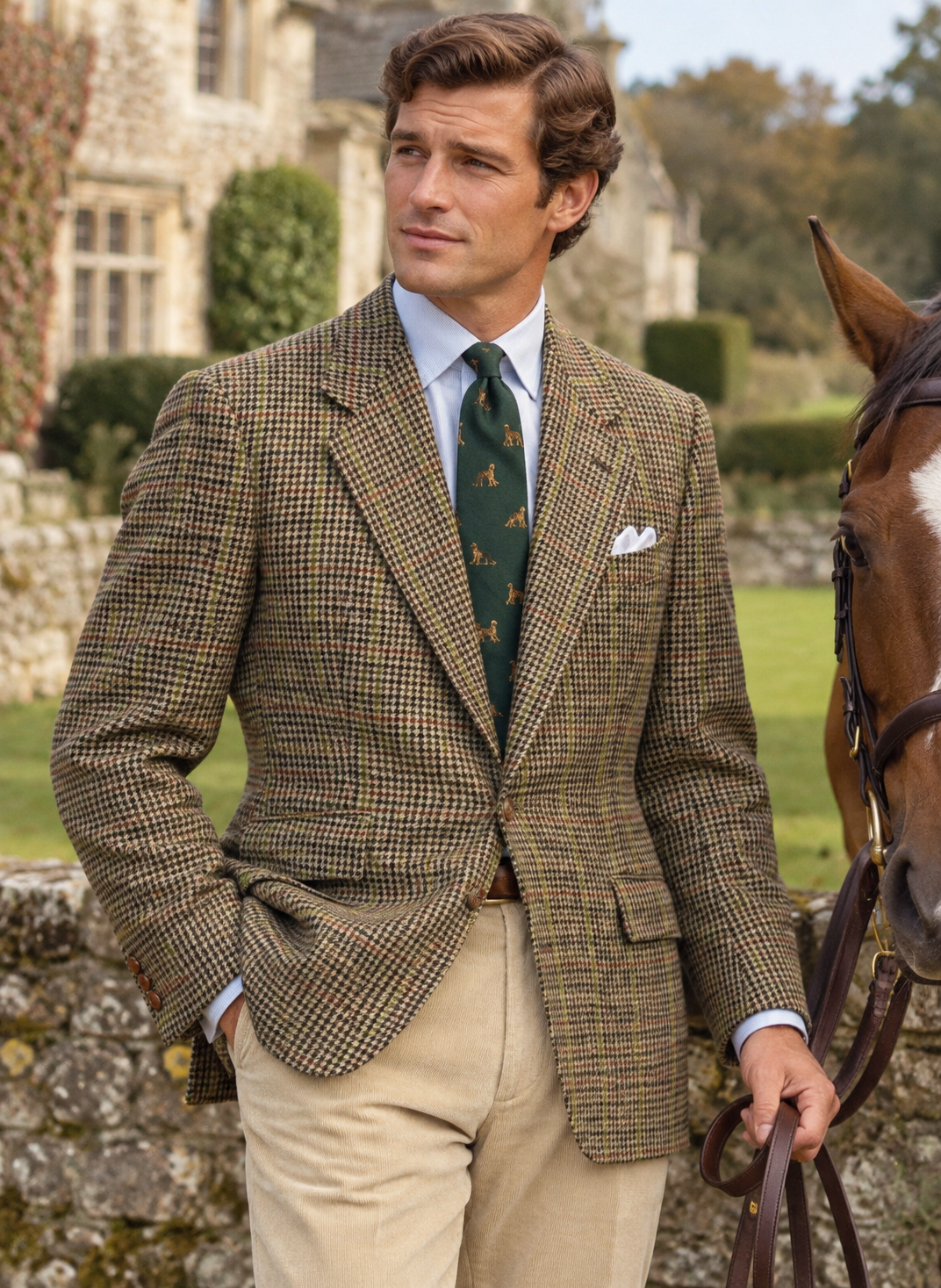 "Chipp Houndstooth Tweed Sport Jacket w/ Olive Green Fish Print Lining" Sz 43R