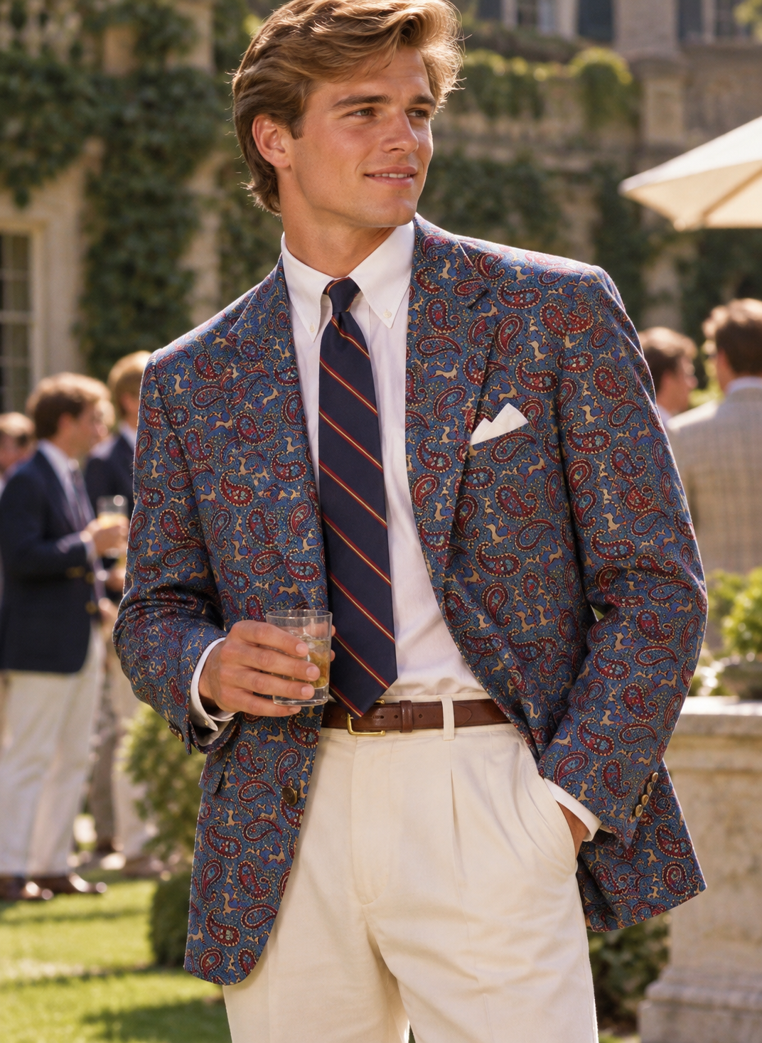 "Chipp Paisley Challis w/ Stag/ Hunting Dog Motif Shawl Collar c1981 Dinner Jacket" Sz 44 XL