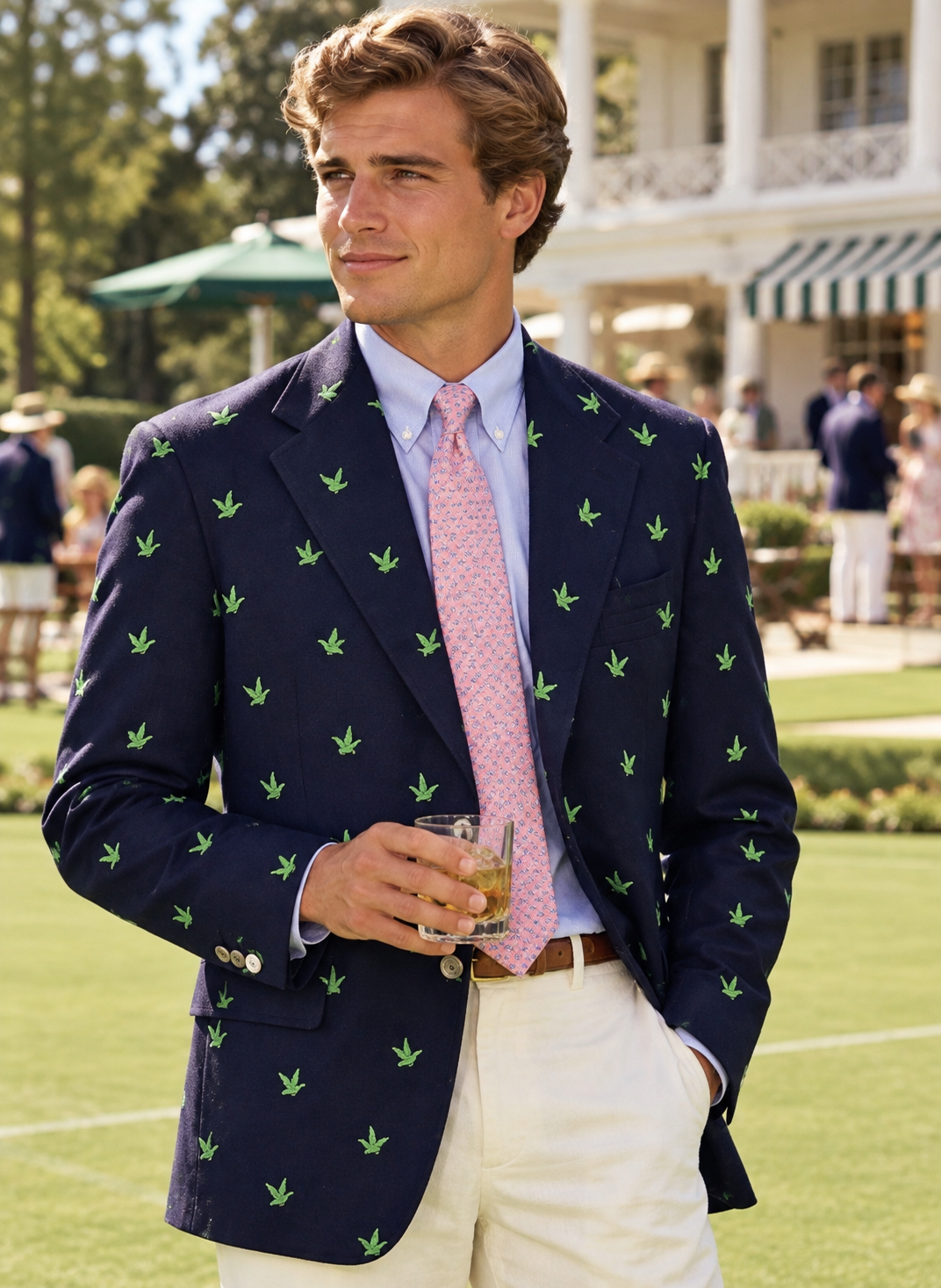 "Chipp Navy Doeskin Flannel Blazer w/ Embroidered Lime Green Ducks" Sz 42L (DEADSTOCK)