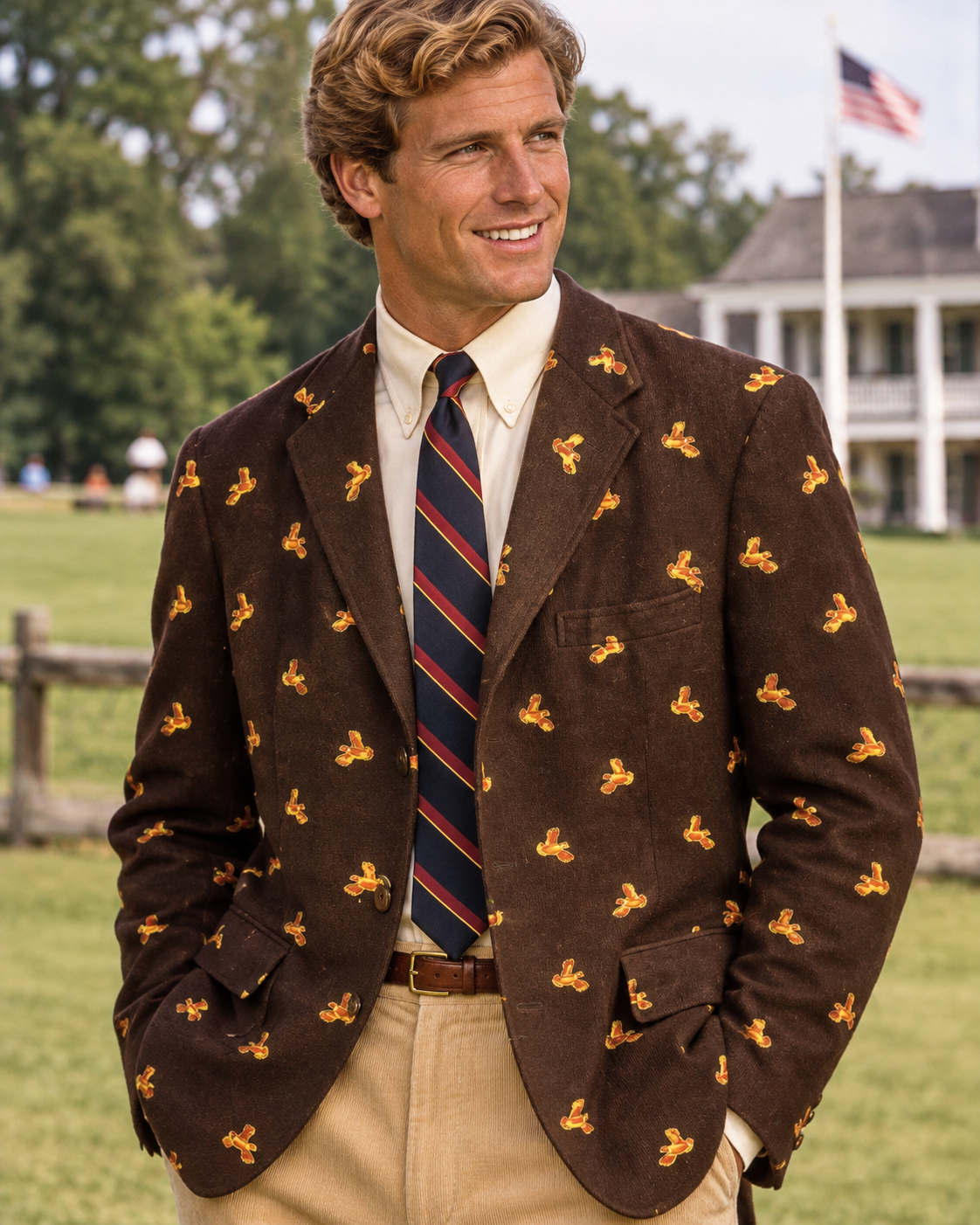 "Chipp Gold Quail Embroidered Brown Flannel Blazer" Sz: 44L