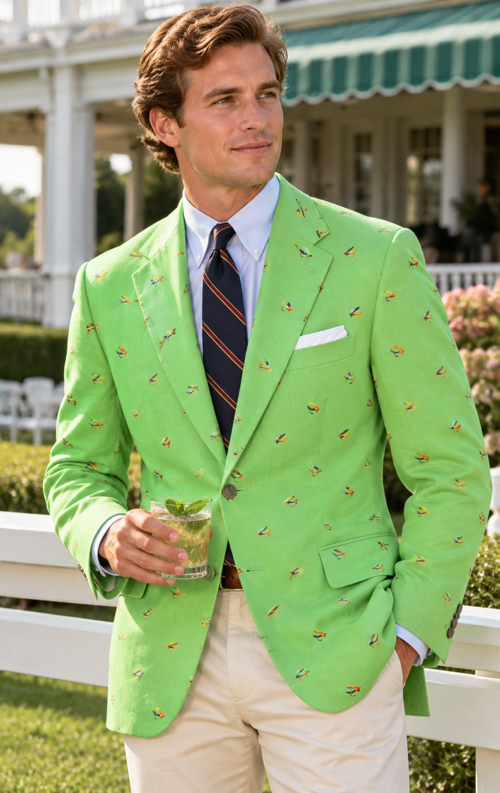 "Chipp 'Trout Fly' Embroidered Irish Moygashel Green Linen Blazer"