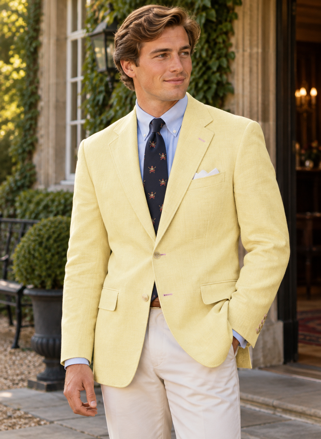"Chipp Yellow Shantung Silk Blazer w/ Equestrian Jockey Scarf Lining" Sz: 46L (SOLD)