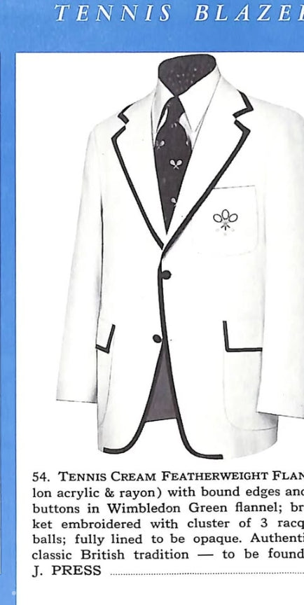 "J Press Tennis Cream Featherweight Flannel Blazer w/ Green Grosgrain Piping" Sz 40R