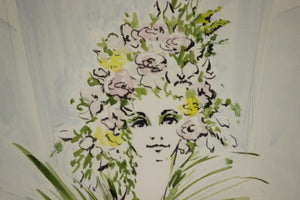 Lanvin Paris Advert Watercolour Chic Model in a Floral Headdress by A.W. Montel for Lanvin Paris