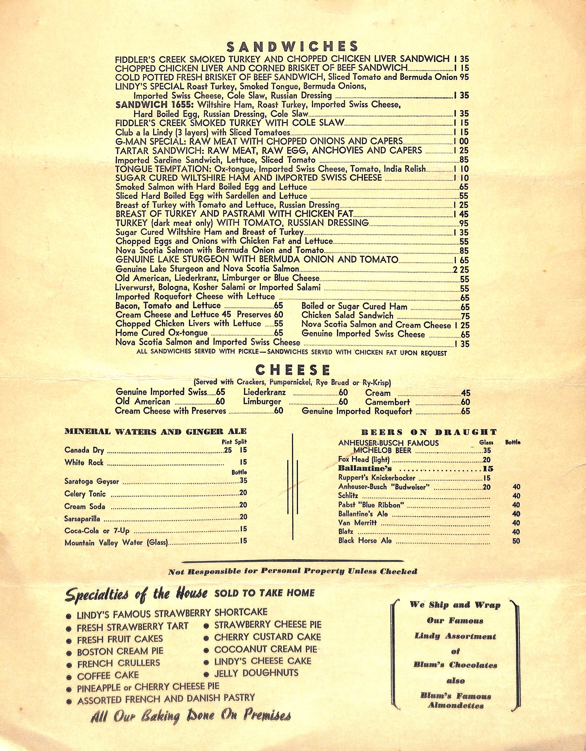 Lindy's New York Friday, January 5, 1951 Menu