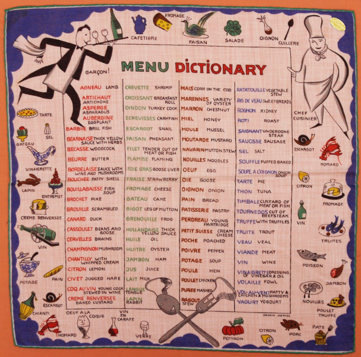 French Menu Dictionary Swiss Cotton Pocket (SOLD)