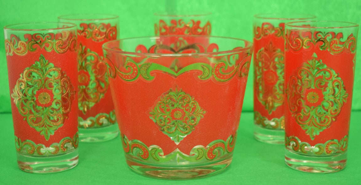Set x (5) Chinoiserie Highball Cocktail Glasses & Icebucket by Starlyte